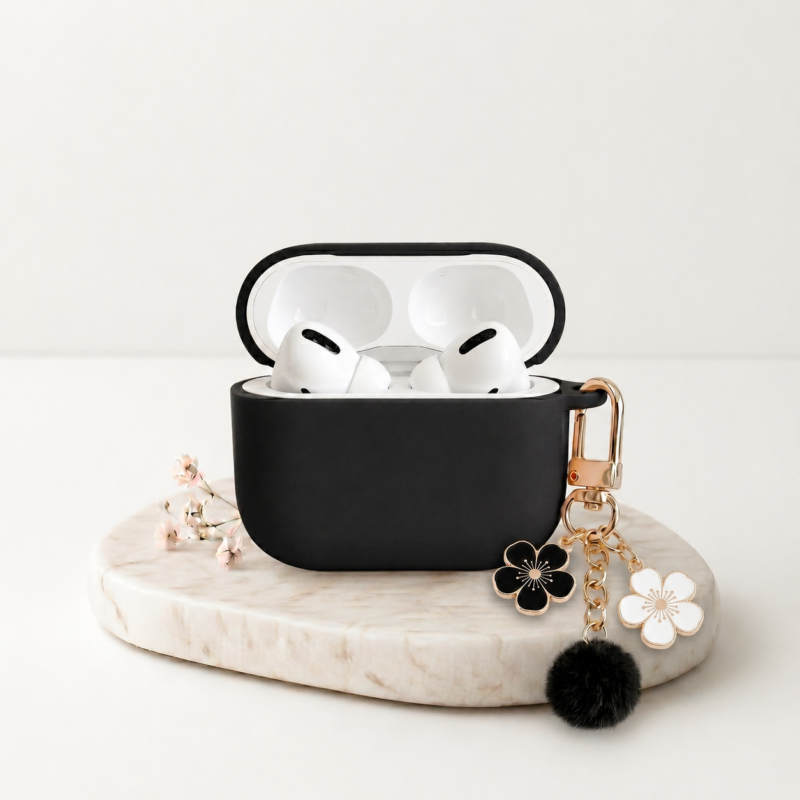 Funda para AirPods Pro 2 Negra con Colgante Floral